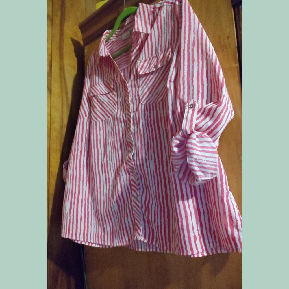 ❤Kim Woman Red & White Striped LS Blouse